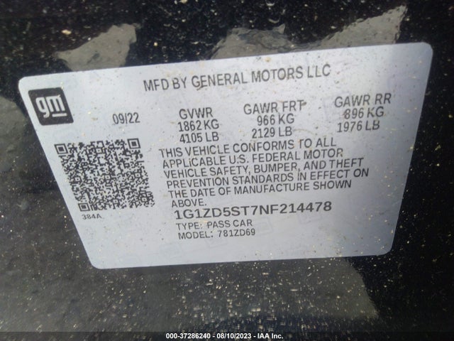 2022 CHEVROLET MALIBU FWD LT VIN: 1G1ZD5ST7NF214478