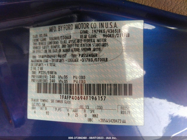 2004 FORD MUSTANG VIN: 1FAFP40694F196157