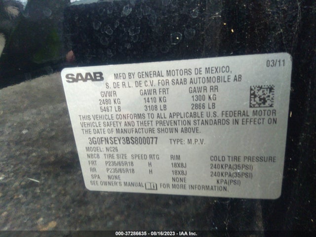 2011 SAAB 9-4X 3.0I PREMIUM VIN: 3G0FNSEY3BS800077