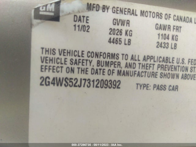 2003 BUICK CENTURY CUSTOM VIN: 2G4WS52J731209392