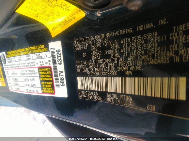 2012 TOYOTA SIENNA XLE AAS/XLE/LTD VIN: 5TDYK3DC0CS193500