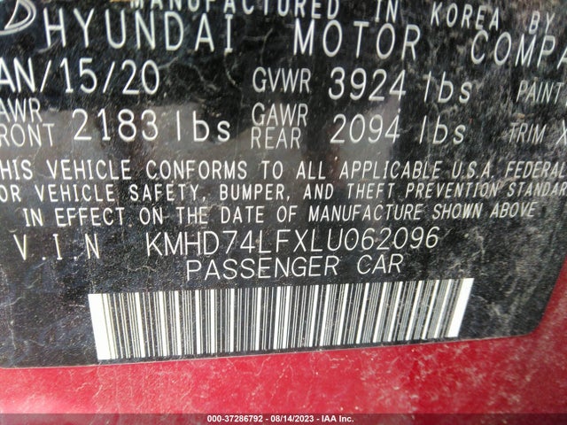2020 HYUNDAI ELANTRA SE VIN: KMHD74LFXLU062096
