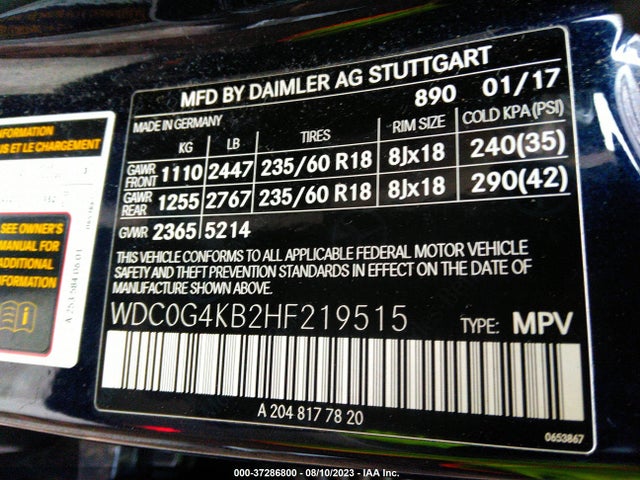 Aukcja sprzedaży 2017 Mercedes-benz Glc Glc 300, vin: WDC0G4KB2HF219515, numer aukcji: 37286800