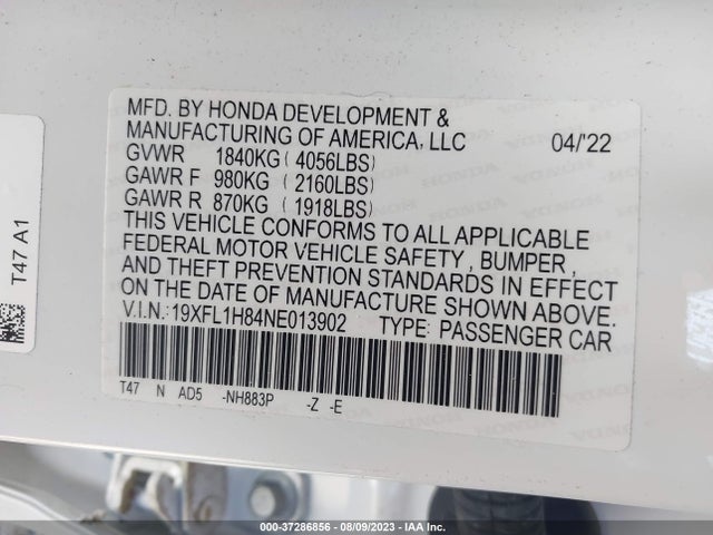2022 HONDA CIVIC HATCHBACK SPORT TOURING VIN: 19XFL1H84NE013902