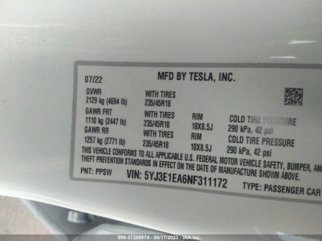 5YJ3E1EA6NF311172 Tesla MODEL 3