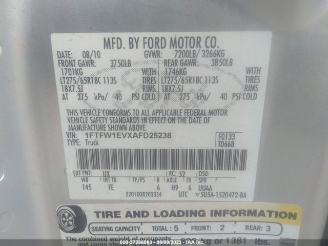 2010 FORD F-150 XL/XLT/FX4/LARIAT VIN: 1FTFW1EVXAFD25238