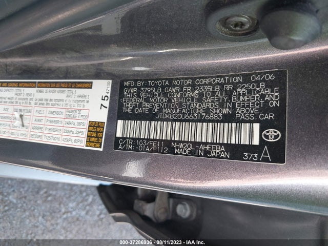 2006 TOYOTA PRIUS VIN: JTDKB20U663176883