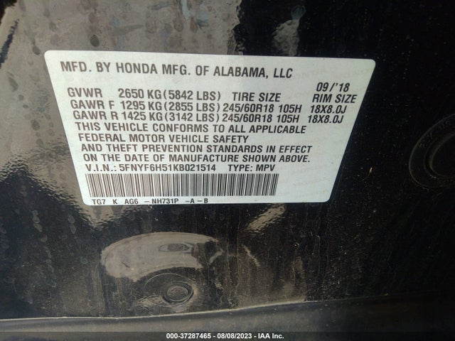 Honda Pilot Ex-l 2019 5FNYF6H51KB021514 Image 9