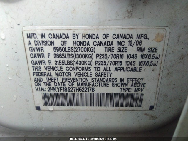 2007 HONDA PILOT EX-L VIN: 2HKYF18527H522178