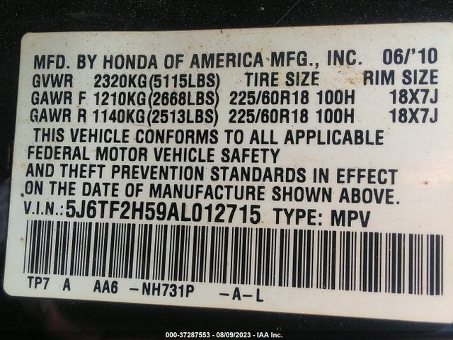 2010 HONDA ACCORD CROSSTOUR EX-L VIN: 5J6TF2H59AL012715