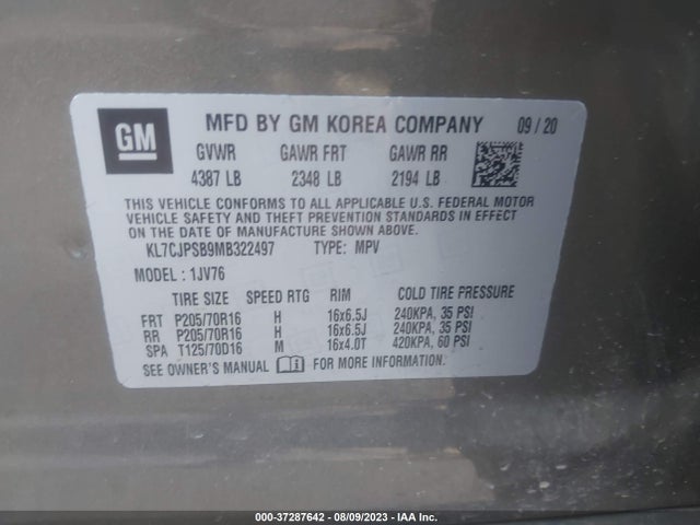 Chevrolet Trax Lt 2021 KL7CJPSB9MB322497 Image 9