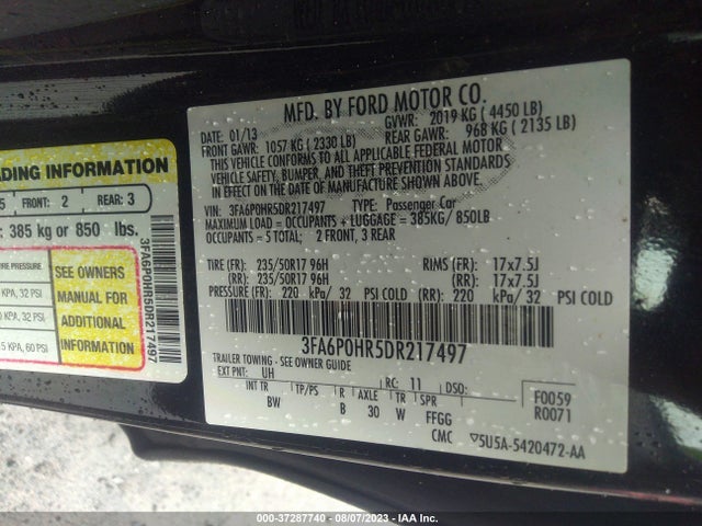 2013 FORD FUSION SE VIN: 3FA6P0HR5DR217497