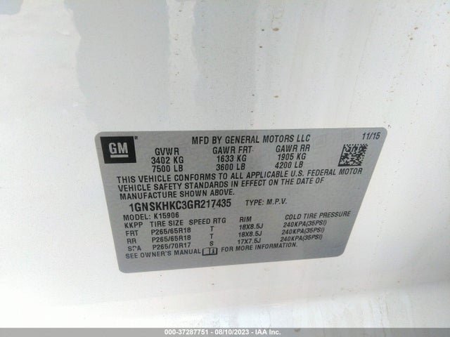 Chevrolet Suburban Lt 2016 1GNSKHKC3GR217435 Image 9