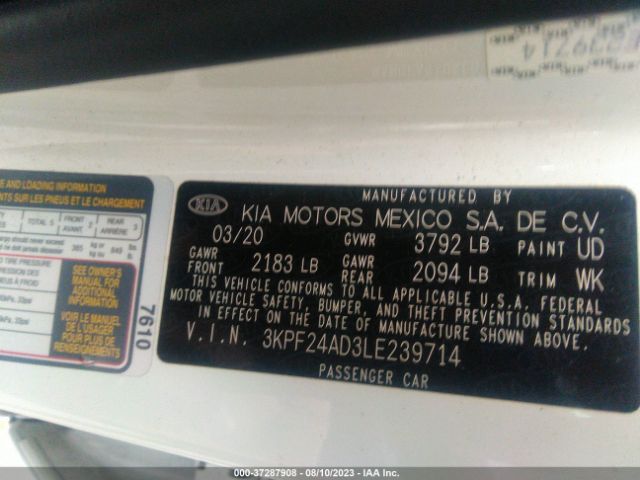3KPF24AD3LE239714 KIA Forte Lxs