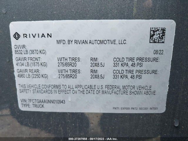 2022 RIVIAN R1T ADVENTURE PACKAGE VIN: 7FCTGAAA0NN010943