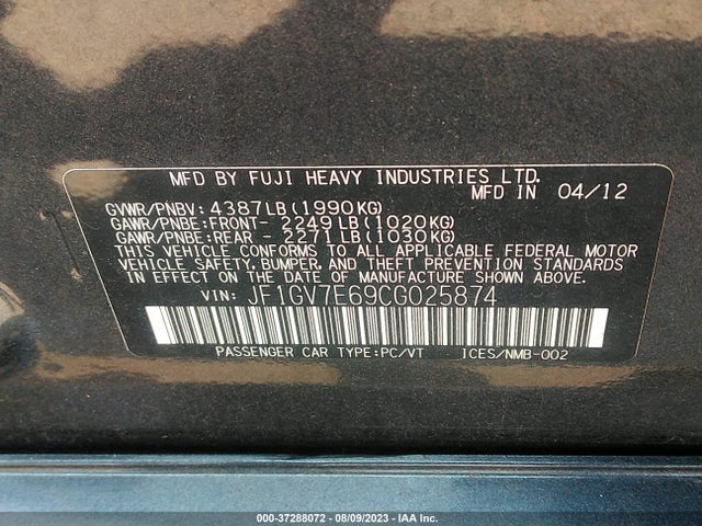 2012 SUBARU IMPREZA SEDAN WRX WRX VIN: JF1GV7E69CG025874
