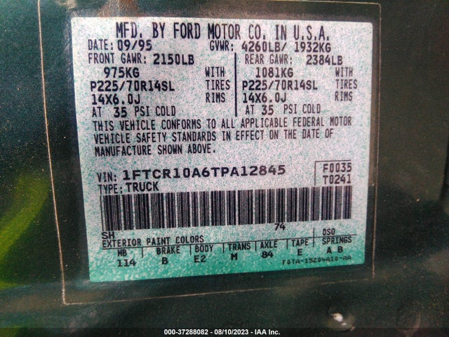 1996 FORD RANGER VIN: 1FTCR10A6TPA12845