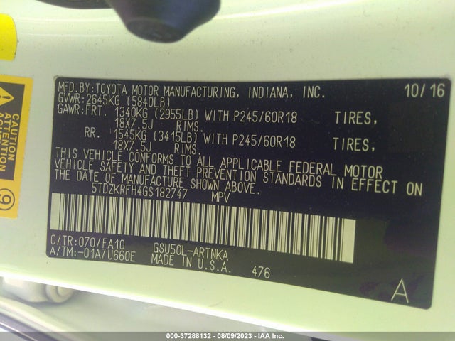 Toyota Highlander Le 2016 5TDZKRFH4GS182747 Image 9