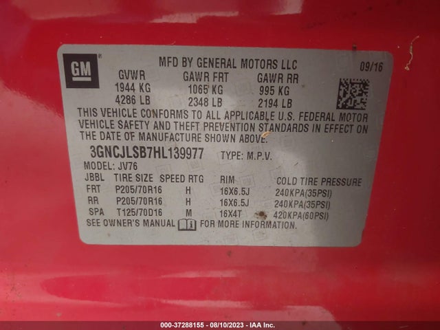 Chevrolet Trax Lt 2017 3GNCJLSB7HL139977 Image 9