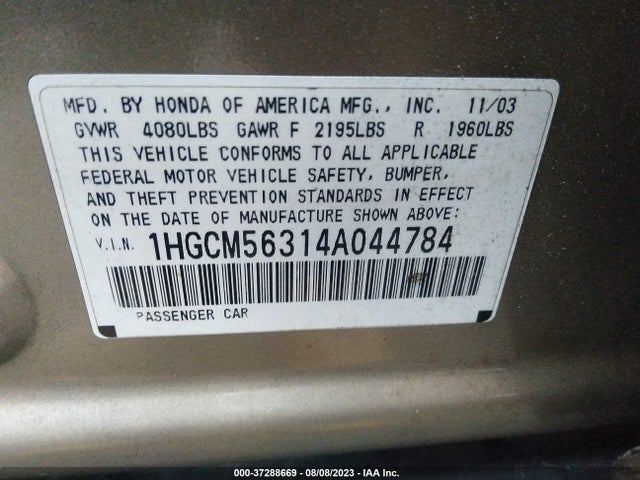 2004 HONDA ACCORD SDN LX VIN: 1HGCM56314A044784