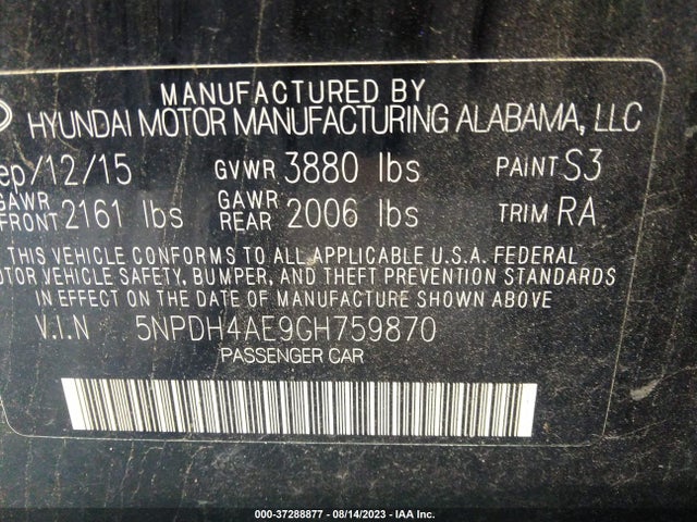 2016 HYUNDAI ELANTRA SE VIN: 5NPDH4AE9GH759870