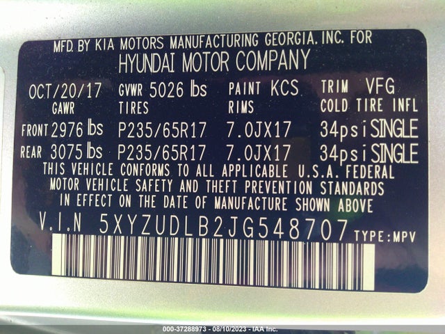 2018 HYUNDAI SANTA FE SPORT 2.4L VIN: 5XYZUDLB2JG548707