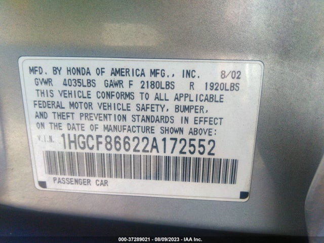 2002 HONDA ACCORD SDN VP VIN: 1HGCF86622A172552