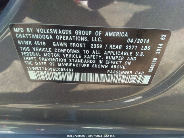 1VWBT7A38EC095167 Volkswagen PASSAT SE
