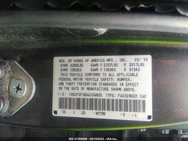 2010 HONDA ACCORD SDN LX VIN: 1HGCP2F38AA104805
