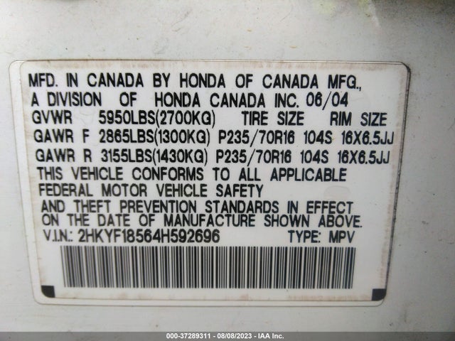 2004 HONDA PILOT EX VIN: 2HKYF18564H592696