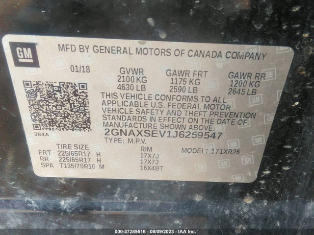 Chevrolet EQUINOX LT 2018 2GNAXSEV1J6259547 Image 9