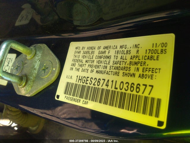 2001 HONDA CIVIC EX VIN: 1HGES26741L036677
