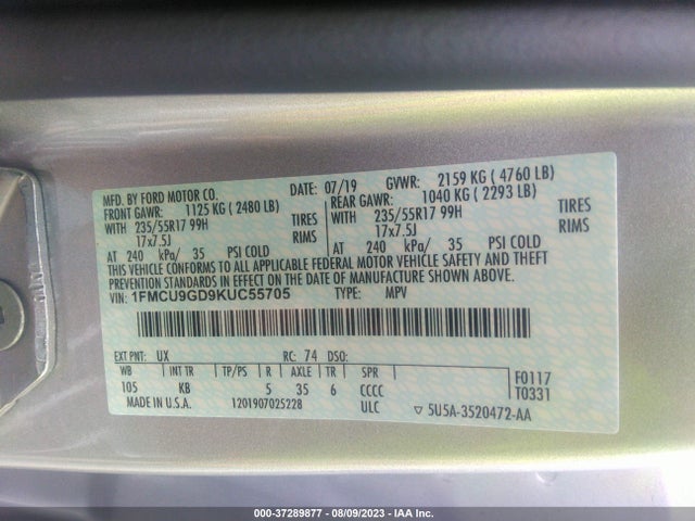 2019 FORD ESCAPE SE VIN: 1FMCU9GD9KUC55705