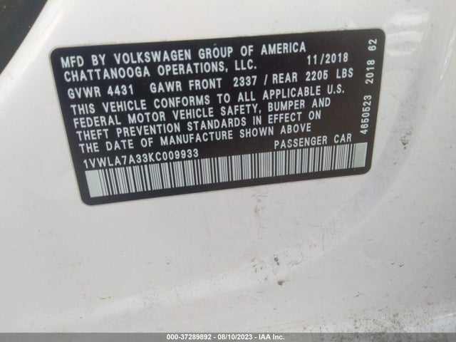 1VWLA7A33KC009933 Volkswagen Passat 2.0t Wolfsburg Edition