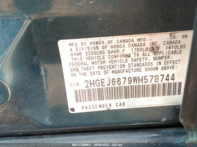 1998 HONDA CIVIC LX VIN: 2HGEJ6679WH578744
