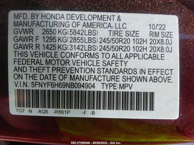 Honda Pilot Touring 7-passenger 2022 5FNYF6H69NB094904 Image 9