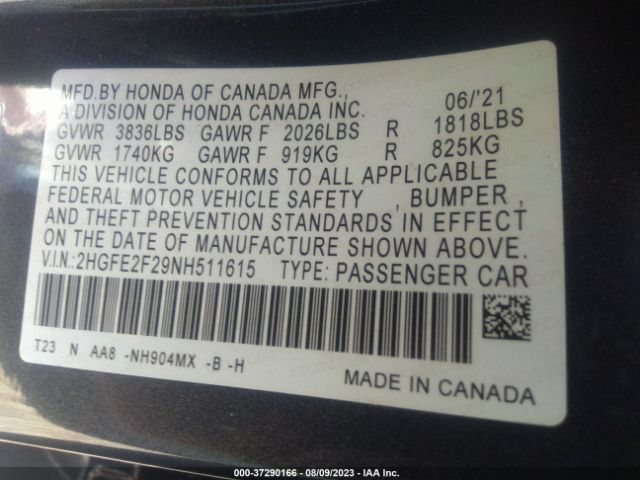 2HGFE2F29NH511615 Honda Civic Sedan Lx