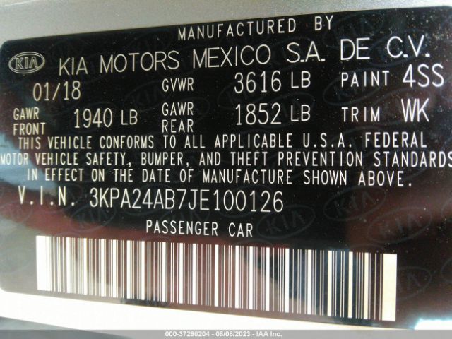 3KPA24AB7JE100126 KIA RIO S