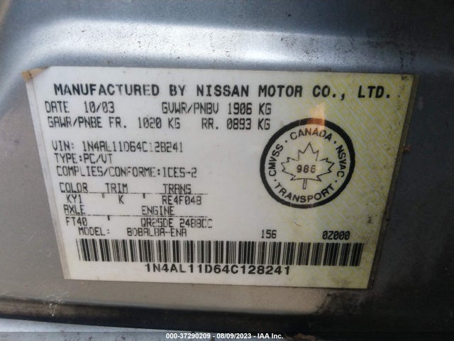 2004 NISSAN ALTIMA VIN: 1N4AL11D64C128241