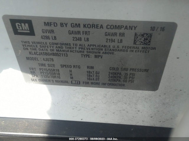 2017 BUICK ENCORE PREFERRED VIN: KL4CJASB6HB052113