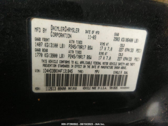 2004 DODGE DURANGO ST VIN: 1D4HD38KX4F131845