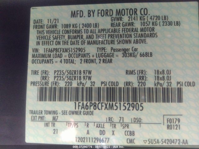 1FA6P8CFXM5152905 Ford MUSTANG GT