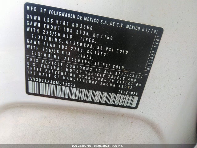 3VV3B7AX4KM073322 Volkswagen Tiguan Se/sel/sel R-line