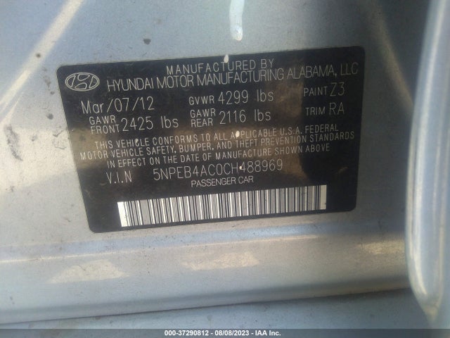 2012 HYUNDAI SONATA GLS VIN: 5NPEB4AC0CH488969