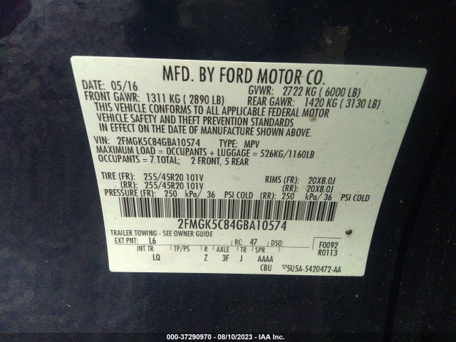 2016 FORD FLEX SEL VIN: 2FMGK5C84GBA10574