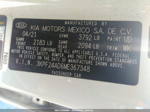 2021 KIA FORTE FE VIN: 3KPF24AD6ME367348
