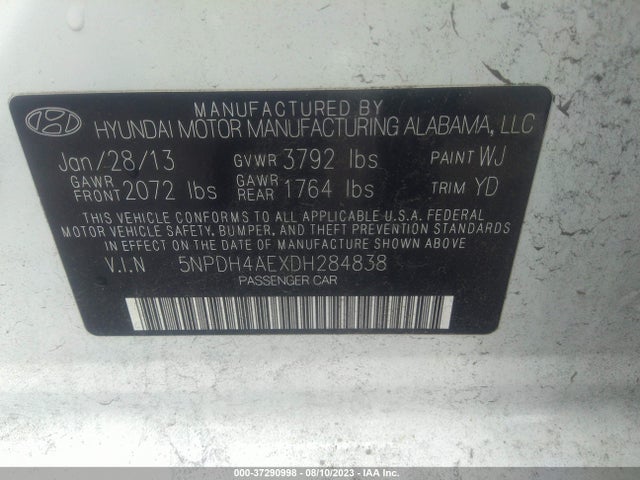 2013 HYUNDAI ELANTRA GLS PZEV VIN: 5NPDH4AEXDH284838