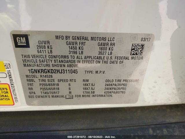 Chevrolet Traverse Lt 2017 1GNKRGKD2HJ311045 Image 9