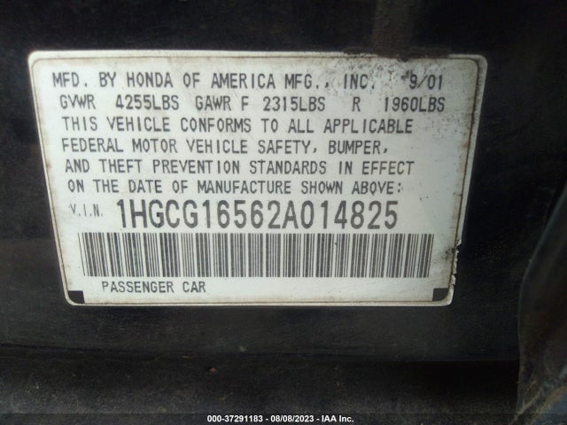 2002 HONDA ACCORD SDN EX W/LEATHER VIN: 1HGCG16562A014825