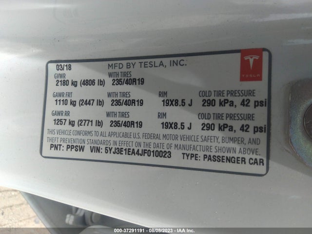 2018 Tesla 3, VIN: 5YJ3E1EA4JF010023